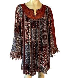 Bow + Arrow Top Blouse Tunic Dress Womens L Patchwork Laced Multicolor Bohemian